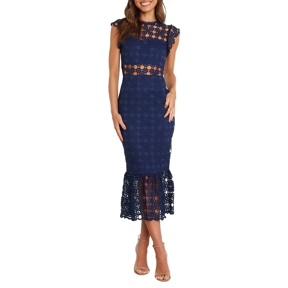 Petal + Pup Midi Dress Womens 0 Navy Blue Crochet Lace Mermaid Hem Cocktail Chic